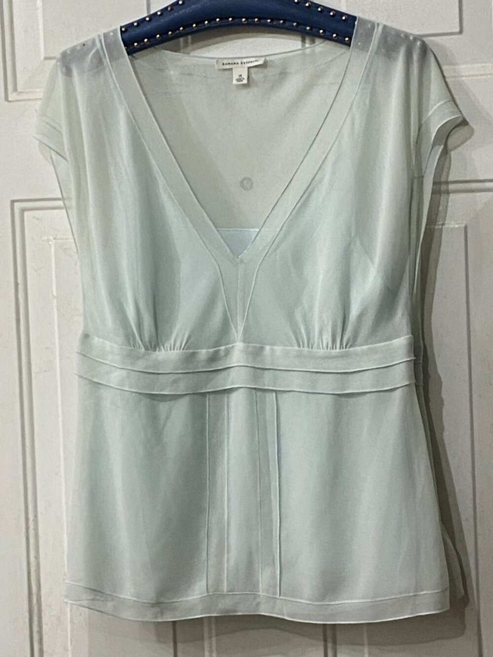 Banana Republic Sz 14 Silk Sheer Mint Blouse Cap Sleeve Lined Side Zipper
